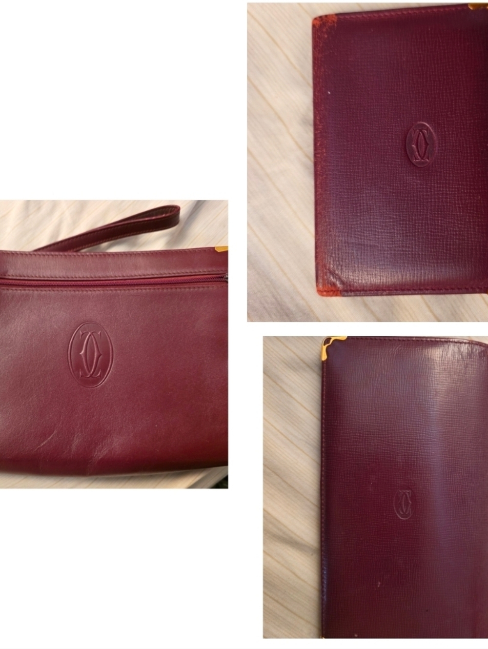 Cartier 3 Pc.Vintage Unisex Maroon Cluth W/Long Leather Wallet & Card Holder